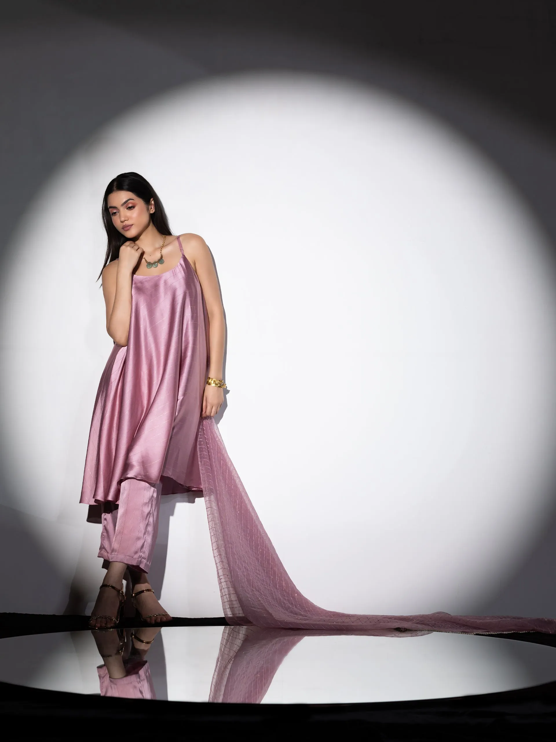 3 pc SET - Pink stripe Satin Dress , Pants and Organza Sparkle Dupatta with lace