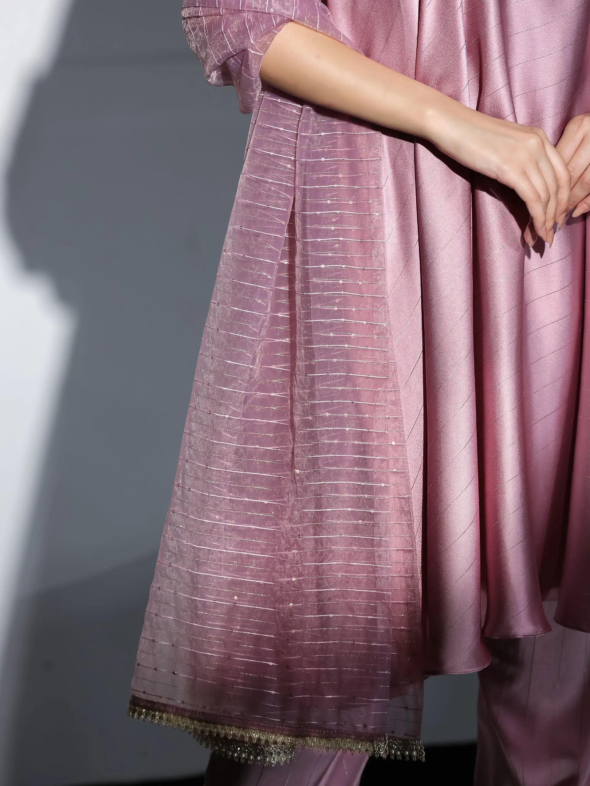3 pc SET - Pink stripe Satin Dress , Pants and Organza Sparkle Dupatta with lace