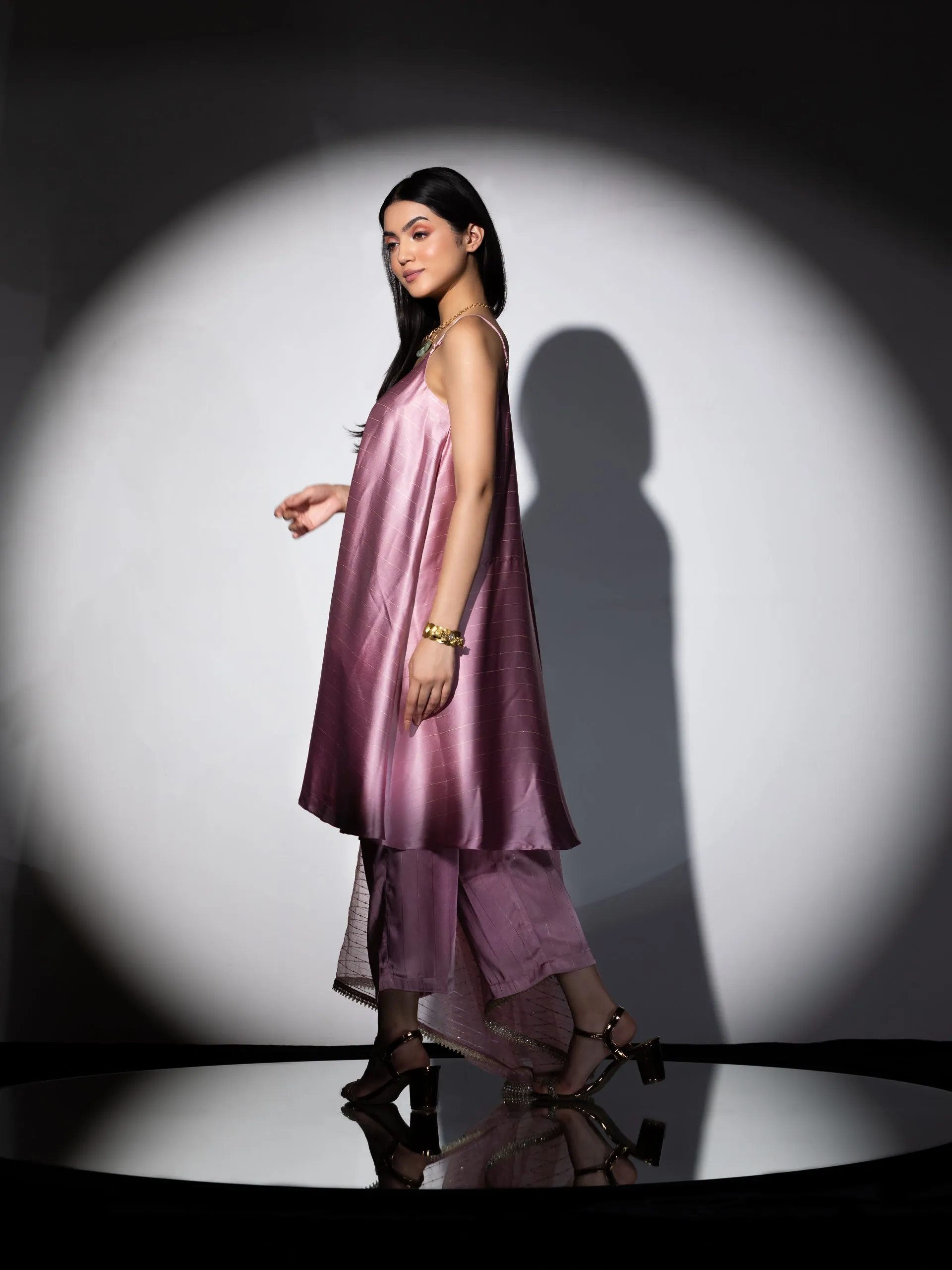 3 pc SET - Pink stripe Satin Dress , Pants and Organza Sparkle Dupatta with lace