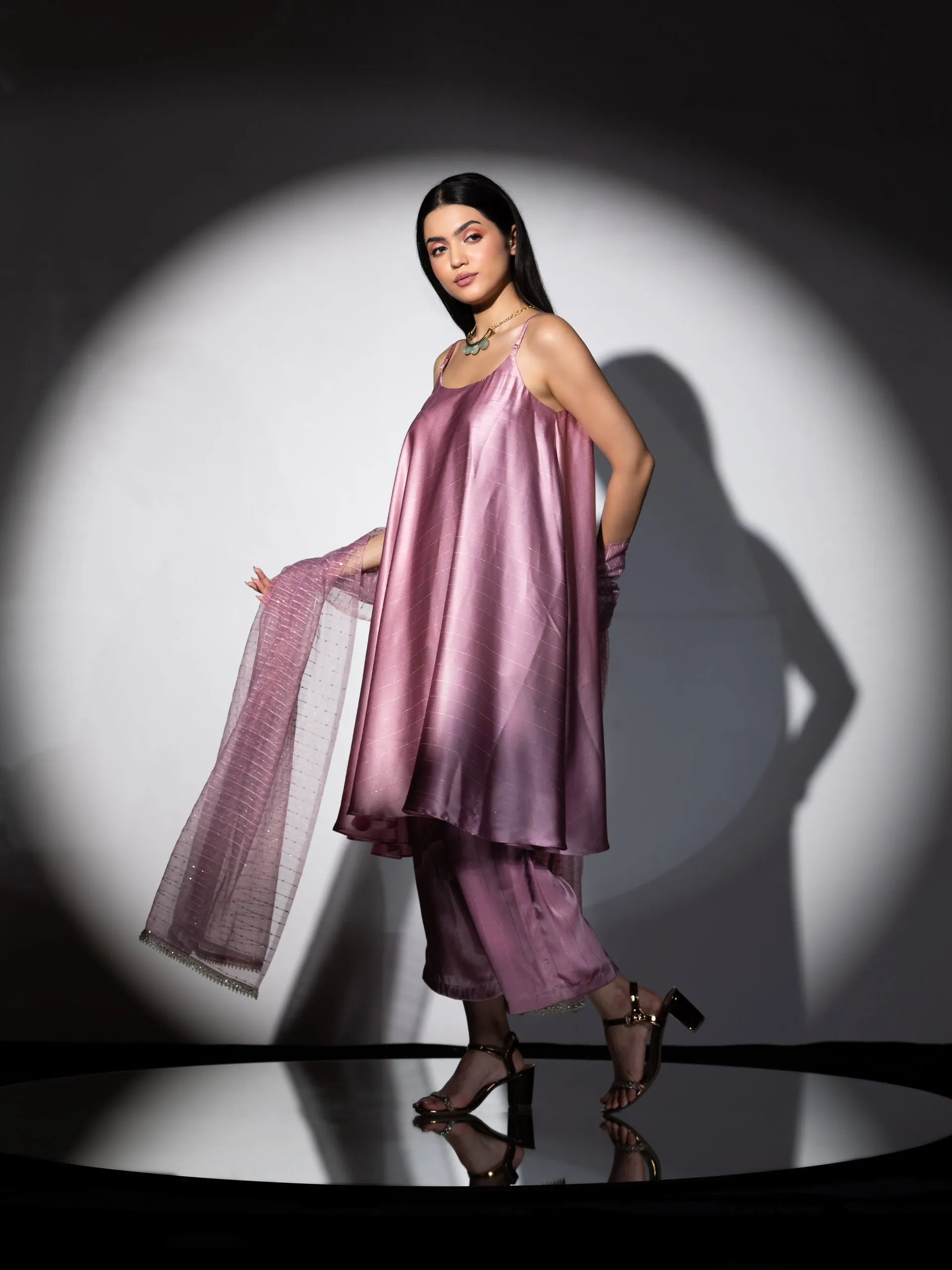 3 pc SET - Pink stripe Satin Dress , Pants and Organza Sparkle Dupatta with lace
