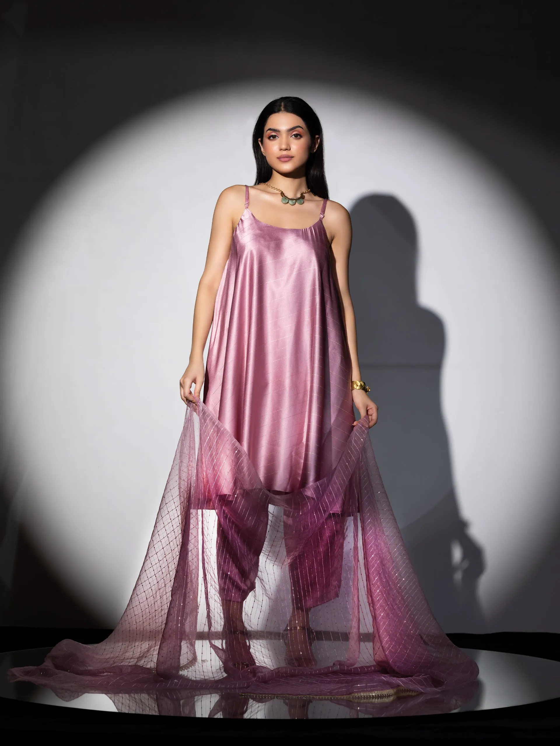 3 pc SET - Pink stripe Satin Dress , Pants and Organza Sparkle Dupatta with lace