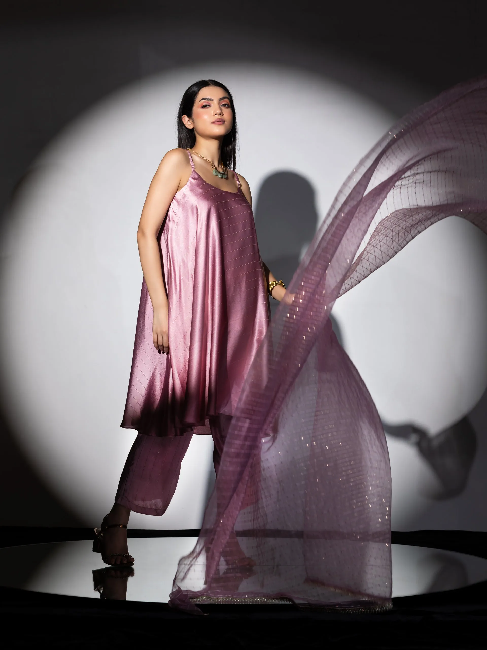 3 pc SET - Pink stripe Satin Dress , Pants and Organza Sparkle Dupatta with lace