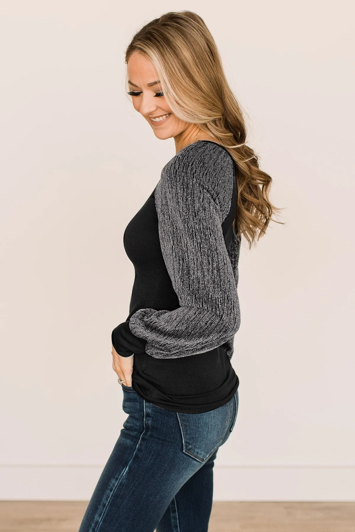 About Last Night Shimmer Sleeve Top- Black & Silver
