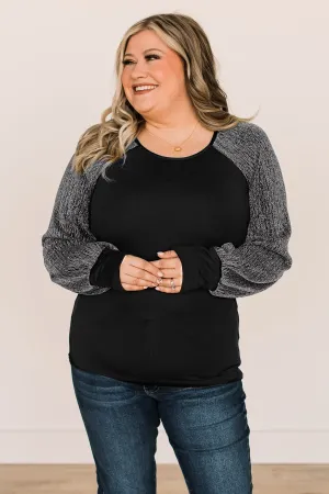 About Last Night Shimmer Sleeve Top- Black & Silver