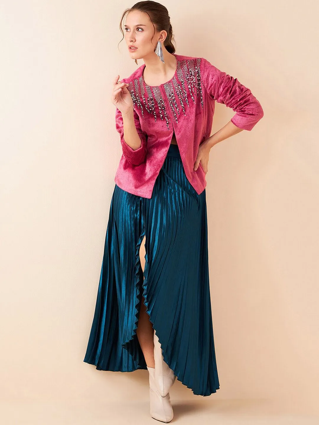Antheaa Pink Embellished Top With Skirt