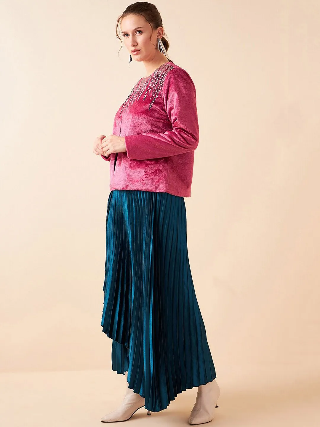 Antheaa Pink Embellished Top With Skirt