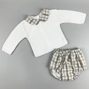 Baby Boys 2 Piece Outfit- Knitted Top & Jam Pants - White / Beige