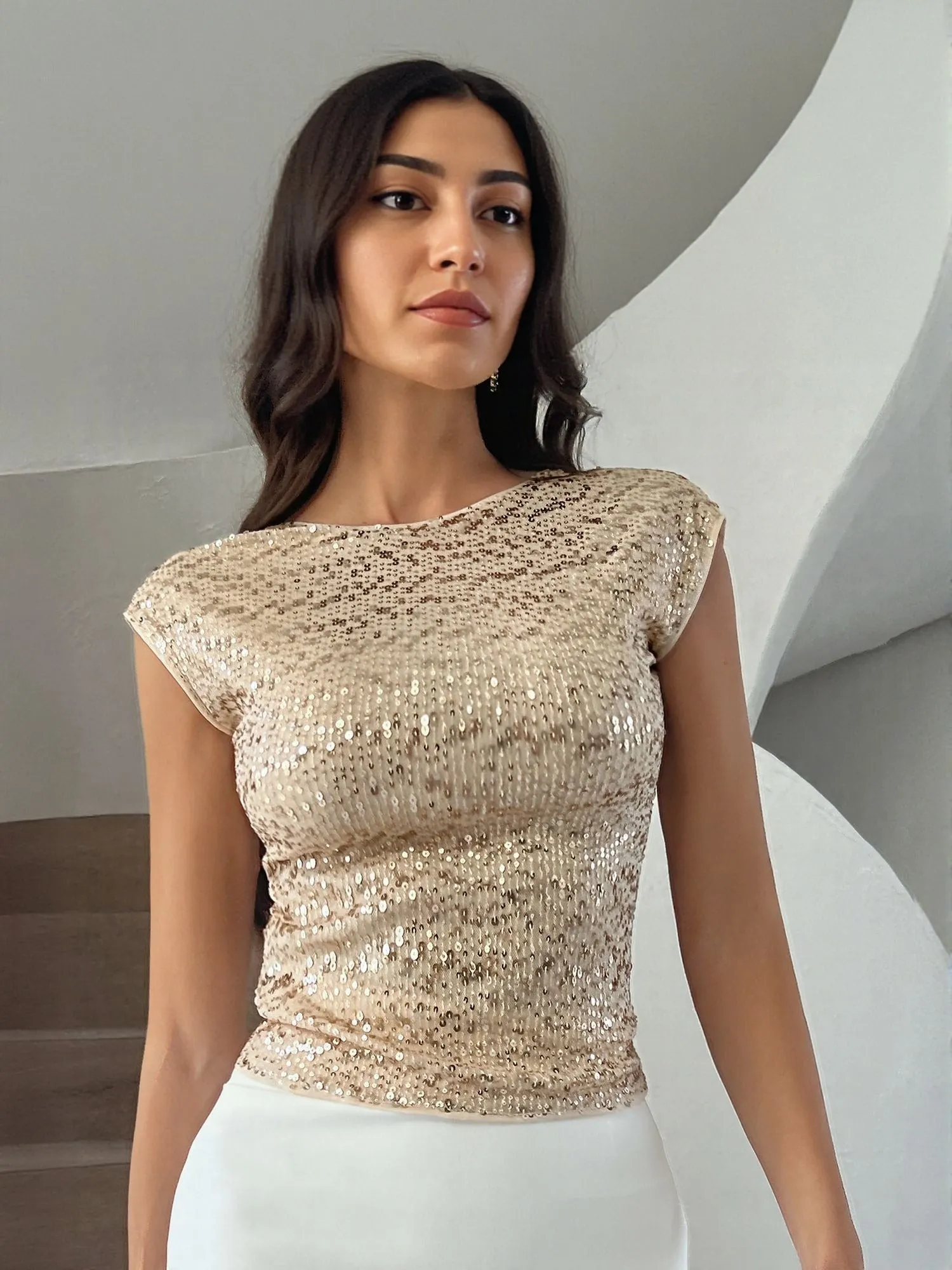 Beige Sequin Fitted Top