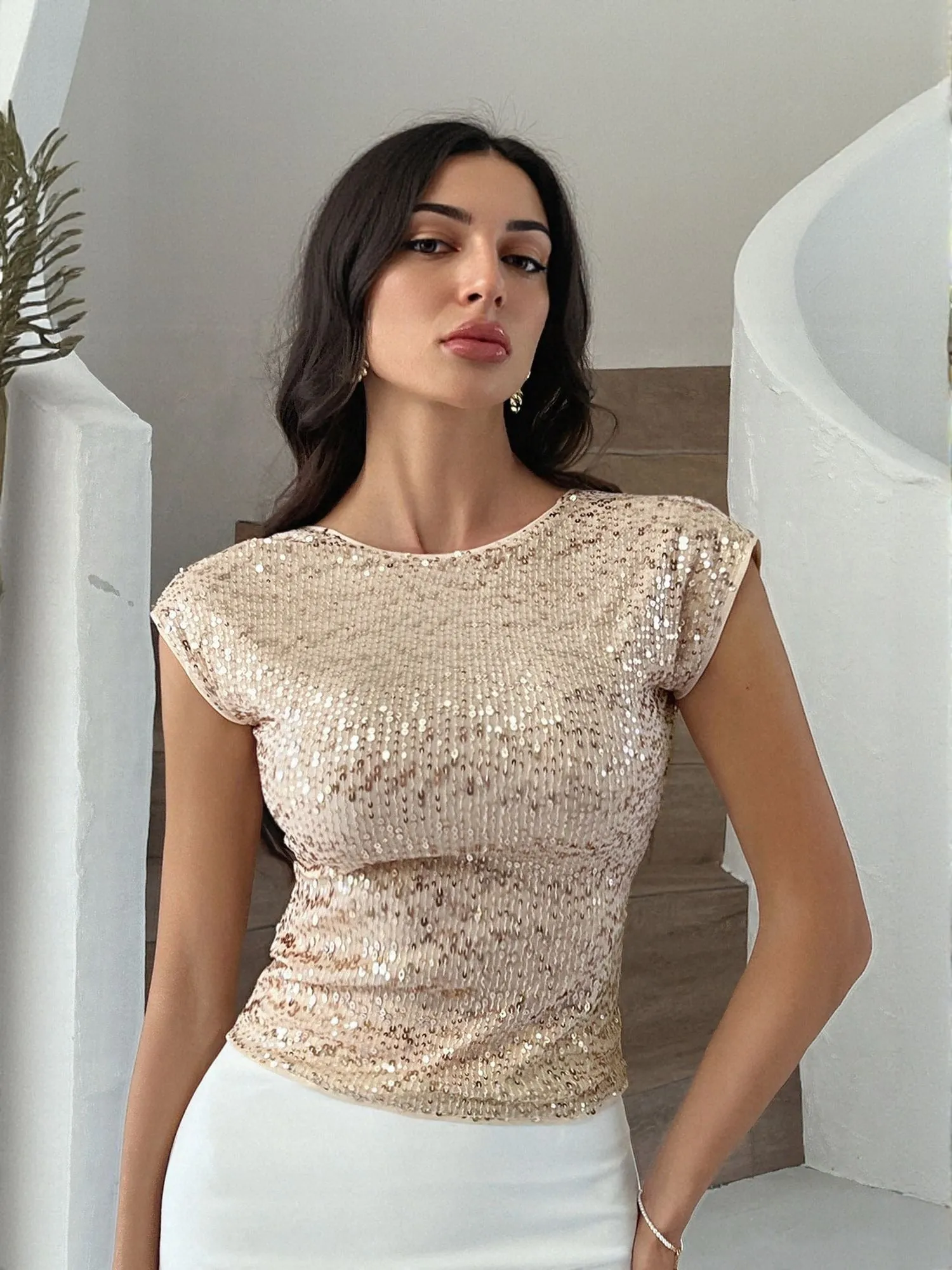 Beige Sequin Fitted Top
