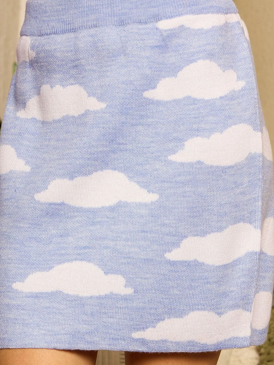 Berrylush Purple Printed Round Neck Sweater With Skirt