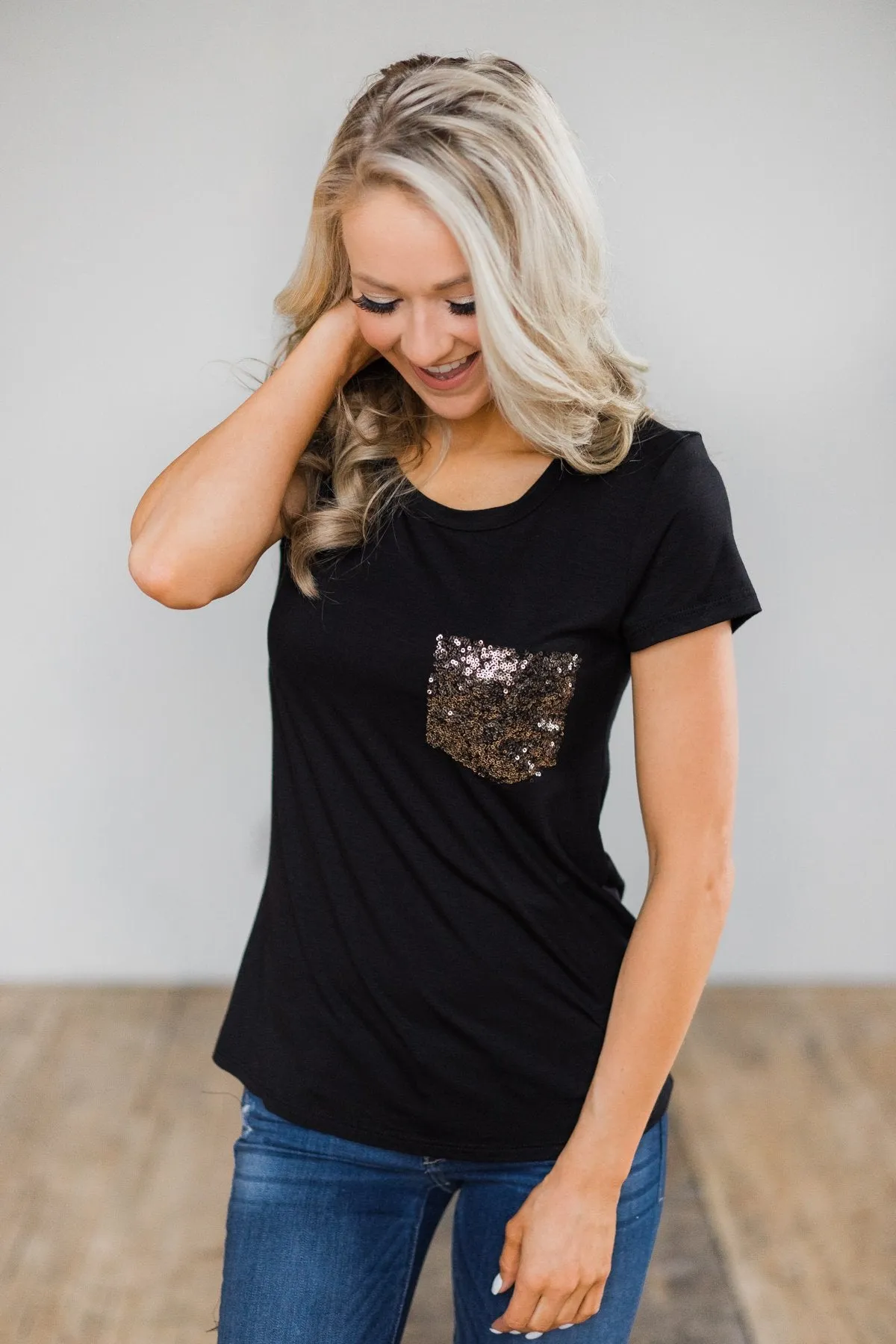 Black Glam Pocket Short Sleeve Top