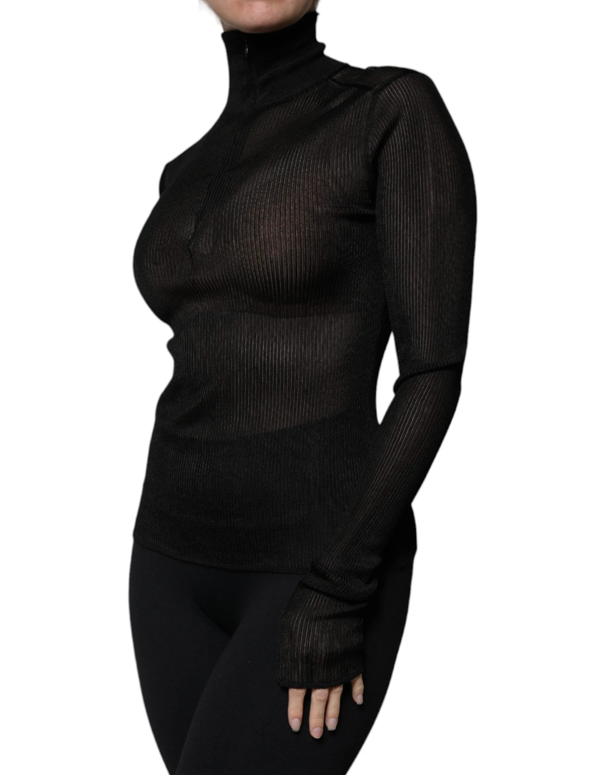 Black Mesh Turtleneck Long Sleeve Blouse Top