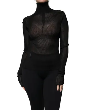 Black Mesh Turtleneck Long Sleeve Blouse Top