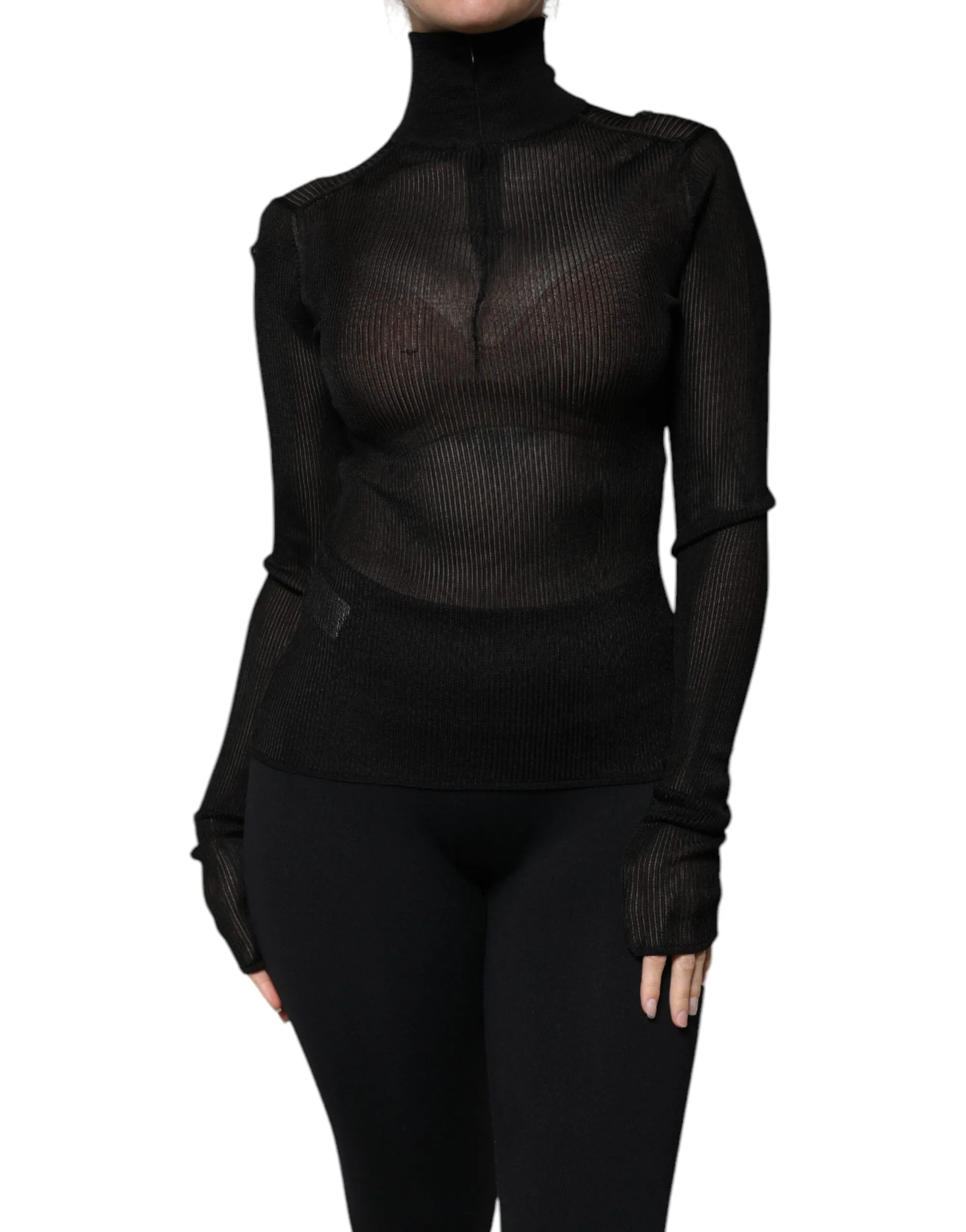 Black Mesh Turtleneck Long Sleeve Blouse Top