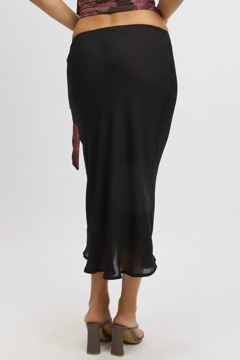 Black Slip Skirt High Rise Midi Picot Trim