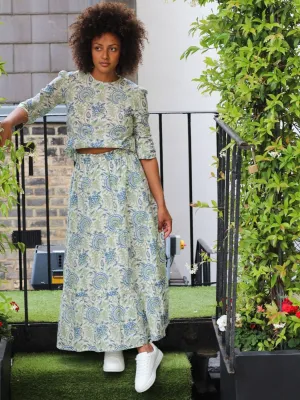 Blue and Green Floral Tiered Maxi Skirt