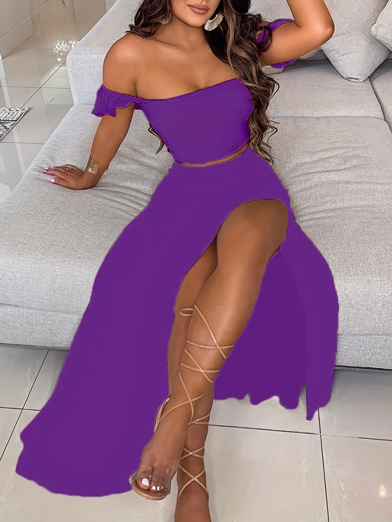 Boho Solid Bodycon 2 Pieces Set, Off Shoulder Smocked Tube Top & High Waist Split Thigh Maxi Skirts Outfits, Women's Clothing