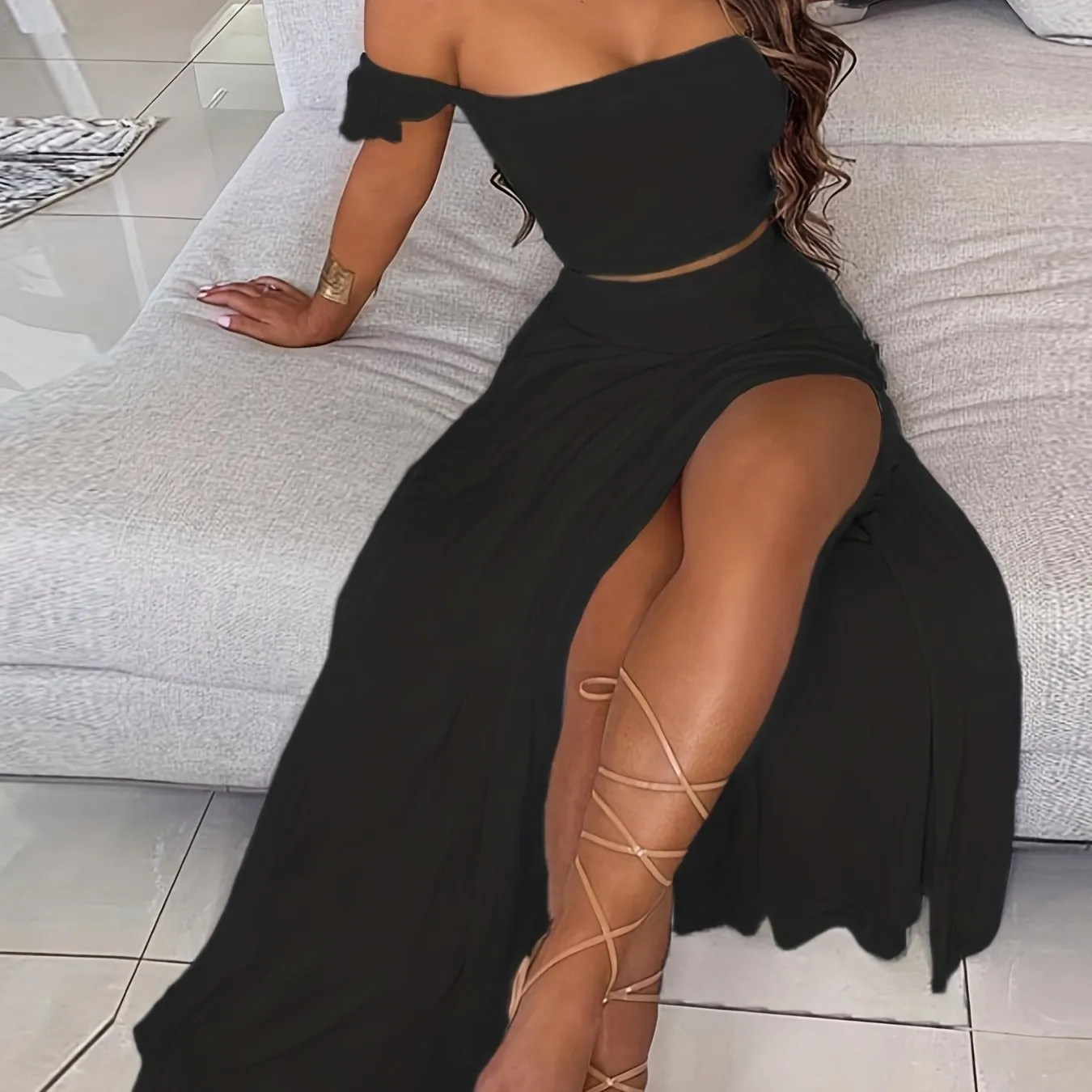 Boho Solid Bodycon 2 Pieces Set, Off Shoulder Smocked Tube Top & High Waist Split Thigh Maxi Skirts Outfits, Women's Clothing