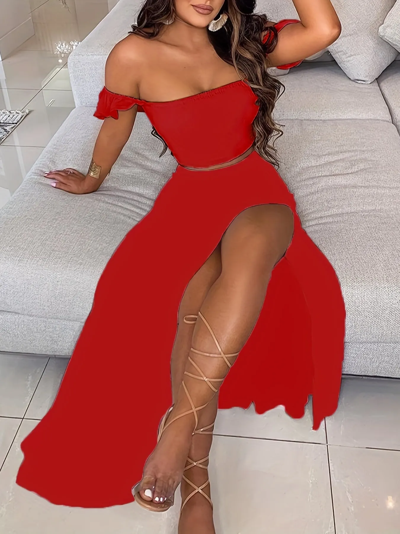 Boho Solid Bodycon 2 Pieces Set, Off Shoulder Smocked Tube Top & High Waist Split Thigh Maxi Skirts Outfits, Women's Clothing