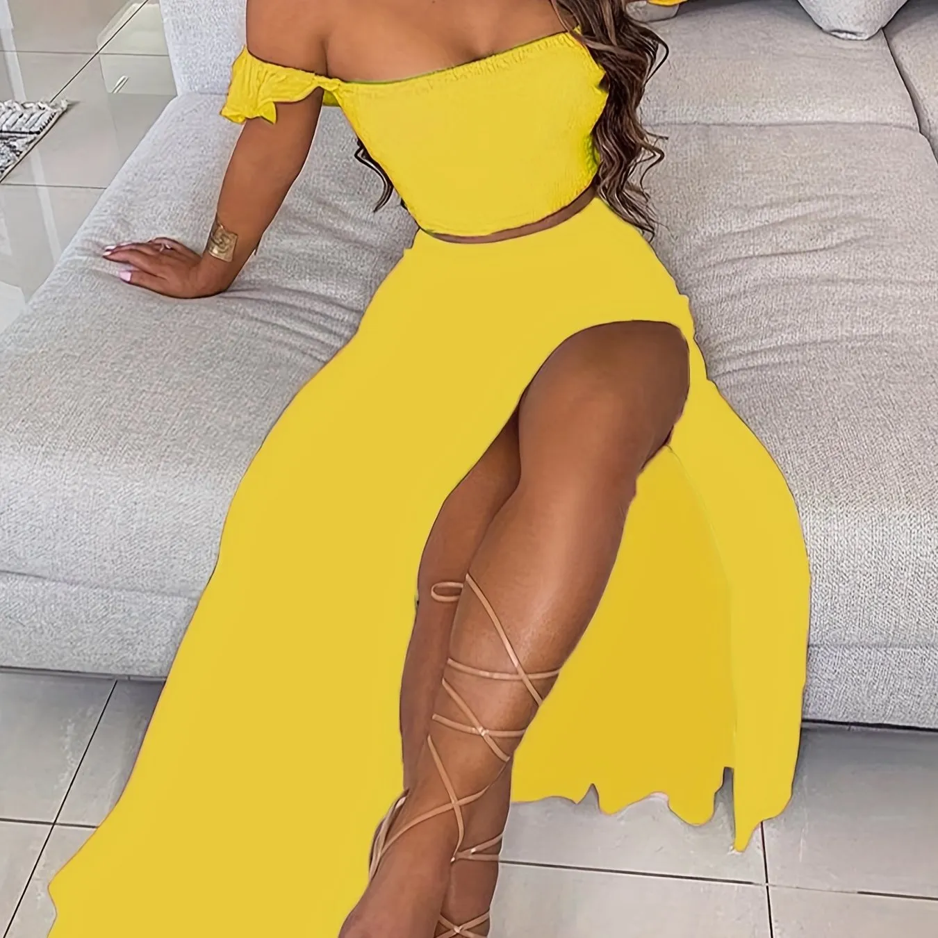 Boho Solid Bodycon 2 Pieces Set, Off Shoulder Smocked Tube Top & High Waist Split Thigh Maxi Skirts Outfits, Women's Clothing
