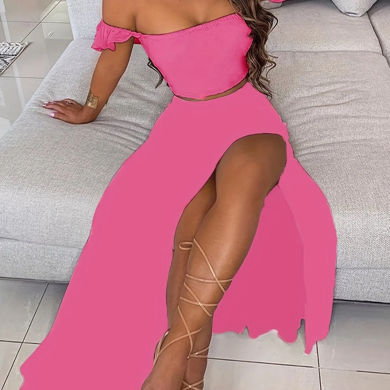 Boho Solid Bodycon 2 Pieces Set, Off Shoulder Smocked Tube Top & High Waist Split Thigh Maxi Skirts Outfits, Women's Clothing