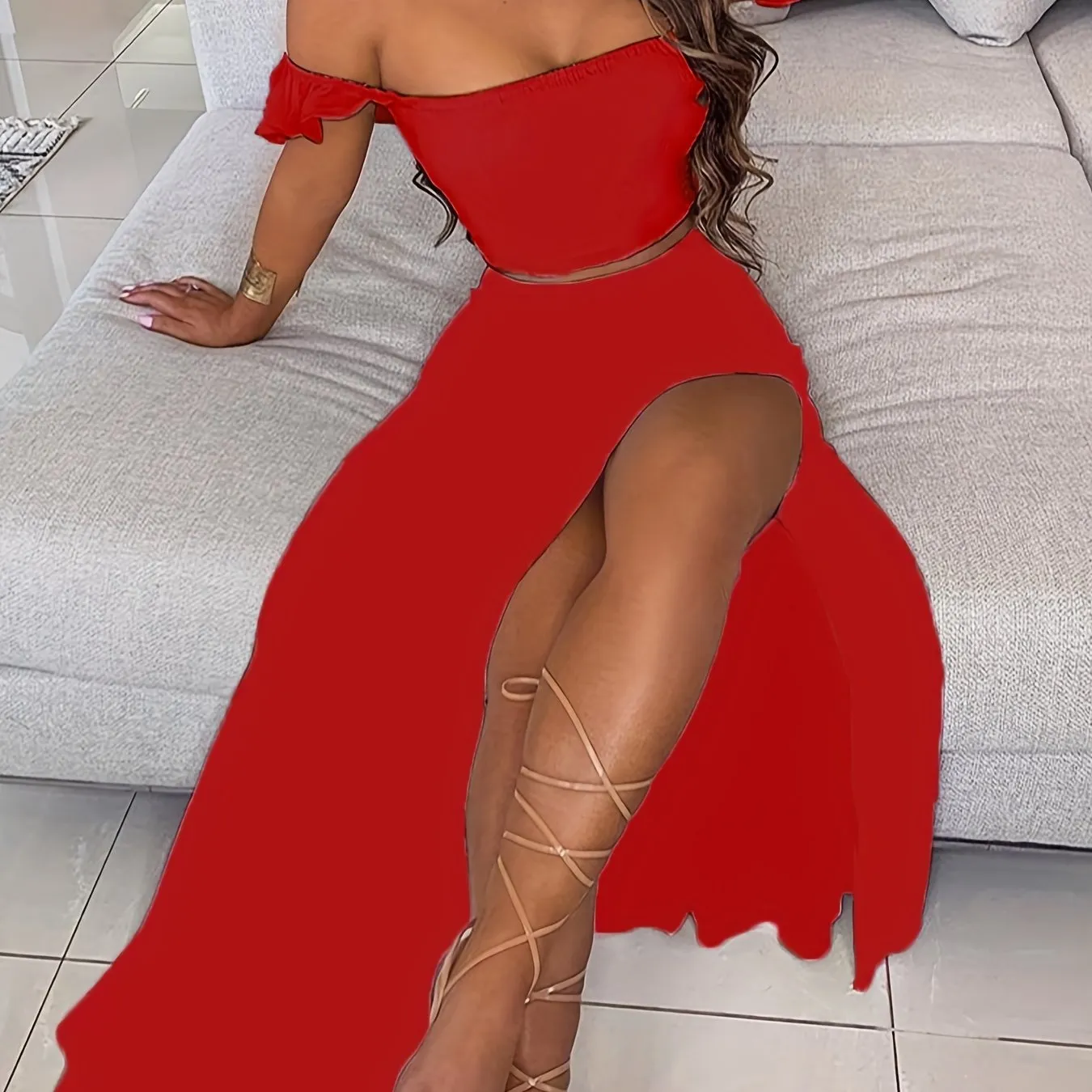 Boho Solid Bodycon 2 Pieces Set, Off Shoulder Smocked Tube Top & High Waist Split Thigh Maxi Skirts Outfits, Women's Clothing