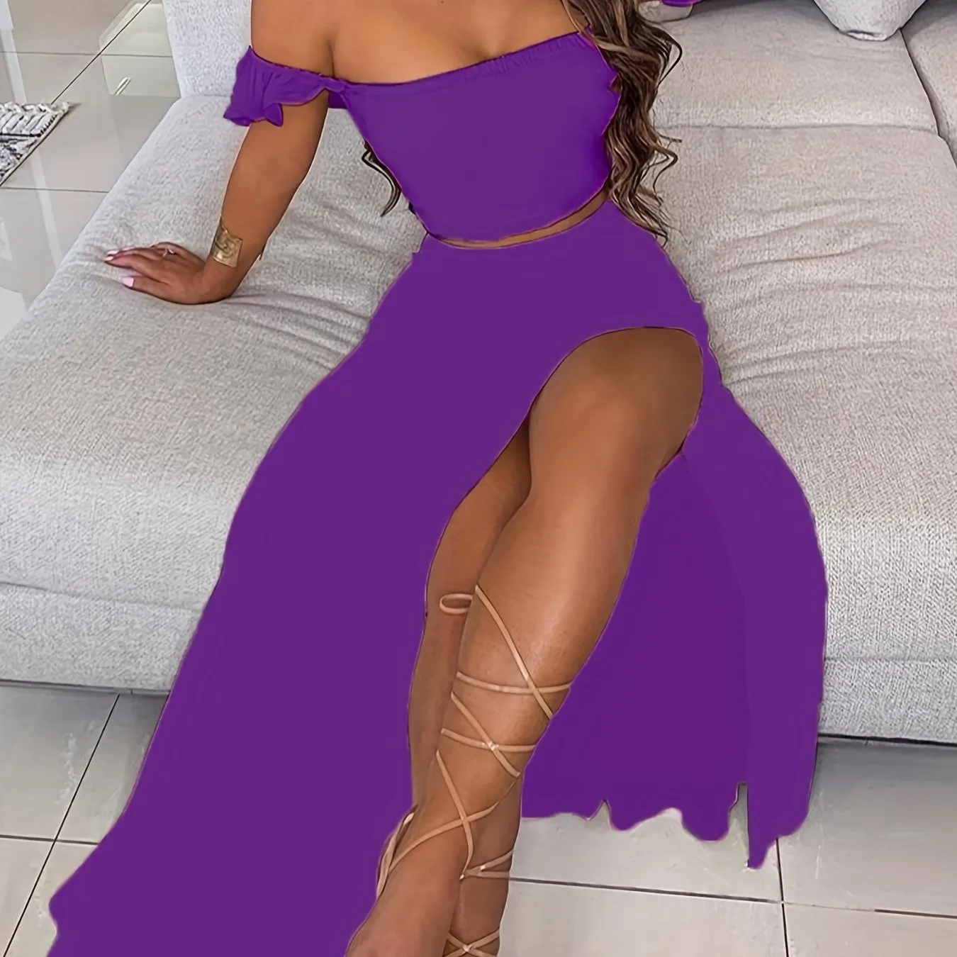 Boho Solid Bodycon 2 Pieces Set, Off Shoulder Smocked Tube Top & High Waist Split Thigh Maxi Skirts Outfits, Women's Clothing