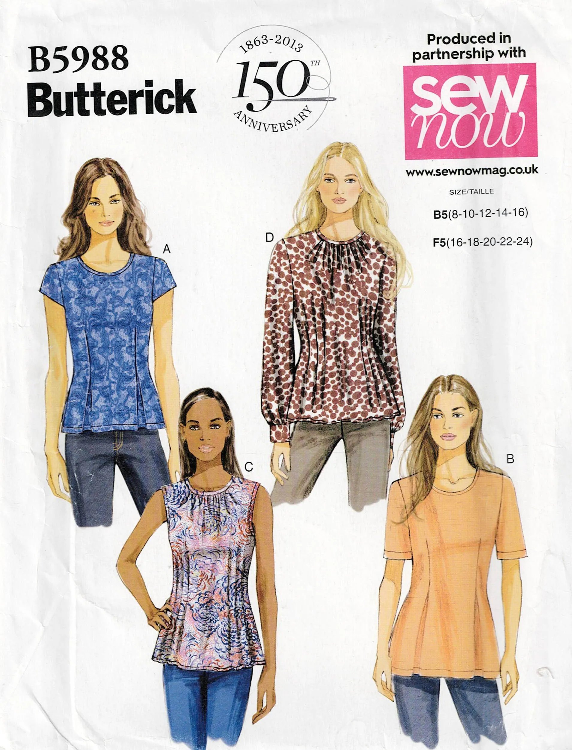 Butterick 5988 Womens EASY Tucked Front Tops Sewing Pattern Size 8 - 24 UNCUT Factory Folded
