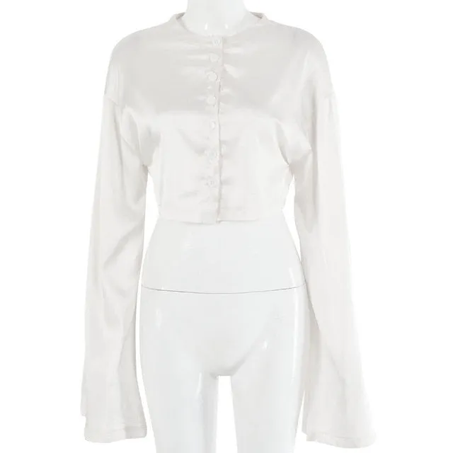 Casual Satin Two Piece Dress Set For Women White O-neck Button Top Bandage Mini Pencil Skirts Outfits Fashion Party Suit