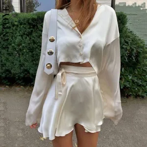 Casual Satin Two Piece Dress Set For Women White O-neck Button Top Bandage Mini Pencil Skirts Outfits Fashion Party Suit