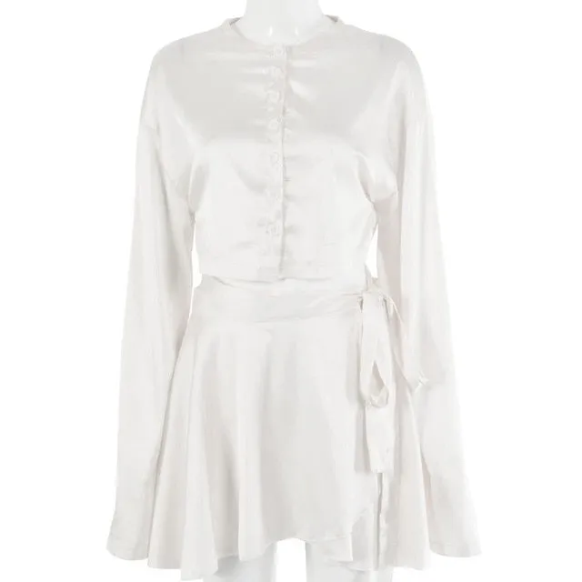 Casual Satin Two Piece Dress Set For Women White O-neck Button Top Bandage Mini Pencil Skirts Outfits Fashion Party Suit
