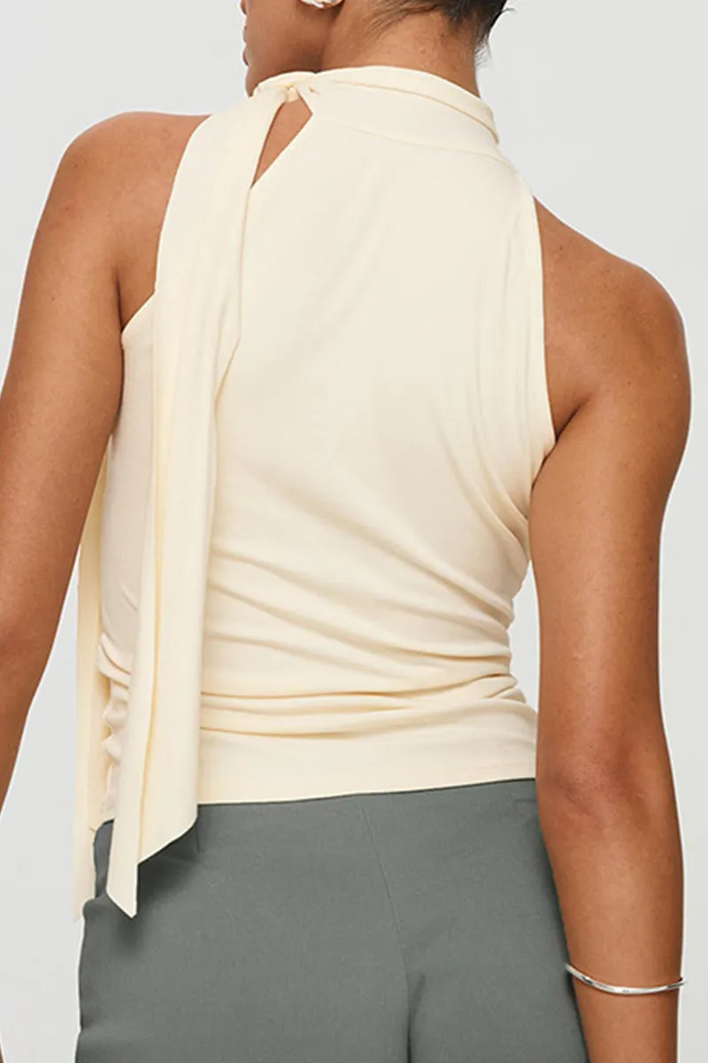 Casual Solid Color Lace Up Turtleneck Tops