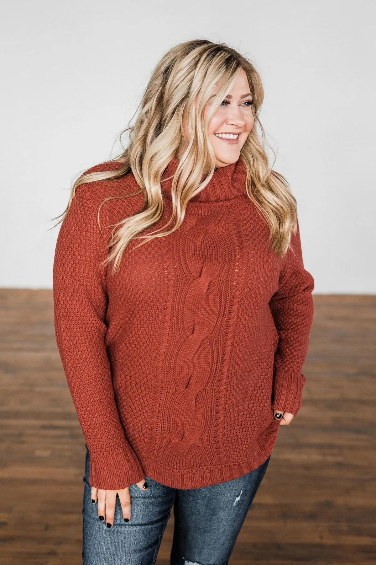 Caught In A Daydream Turtle Neck Sweater- Brick