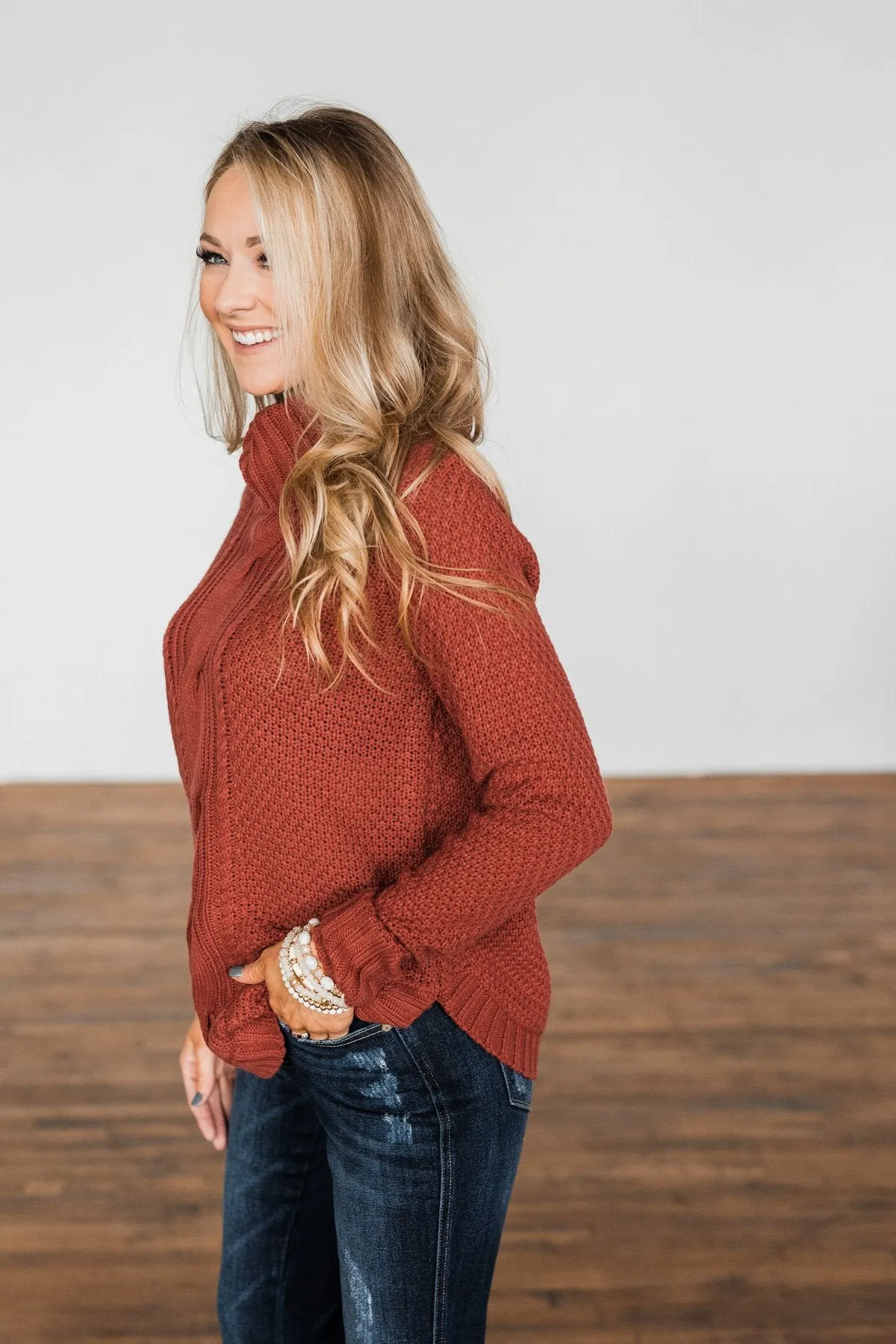 Caught In A Daydream Turtle Neck Sweater- Brick