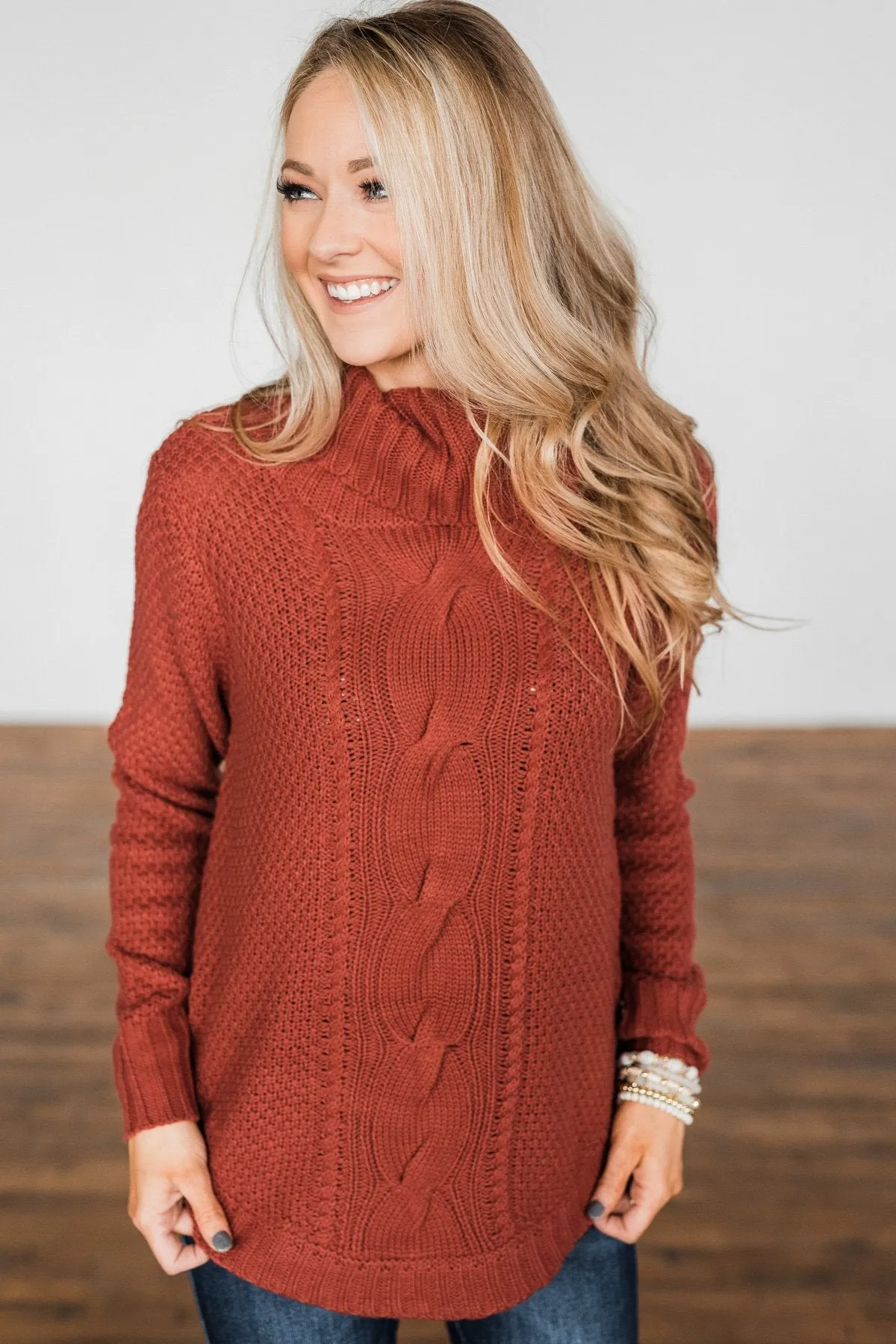 Caught In A Daydream Turtle Neck Sweater- Brick