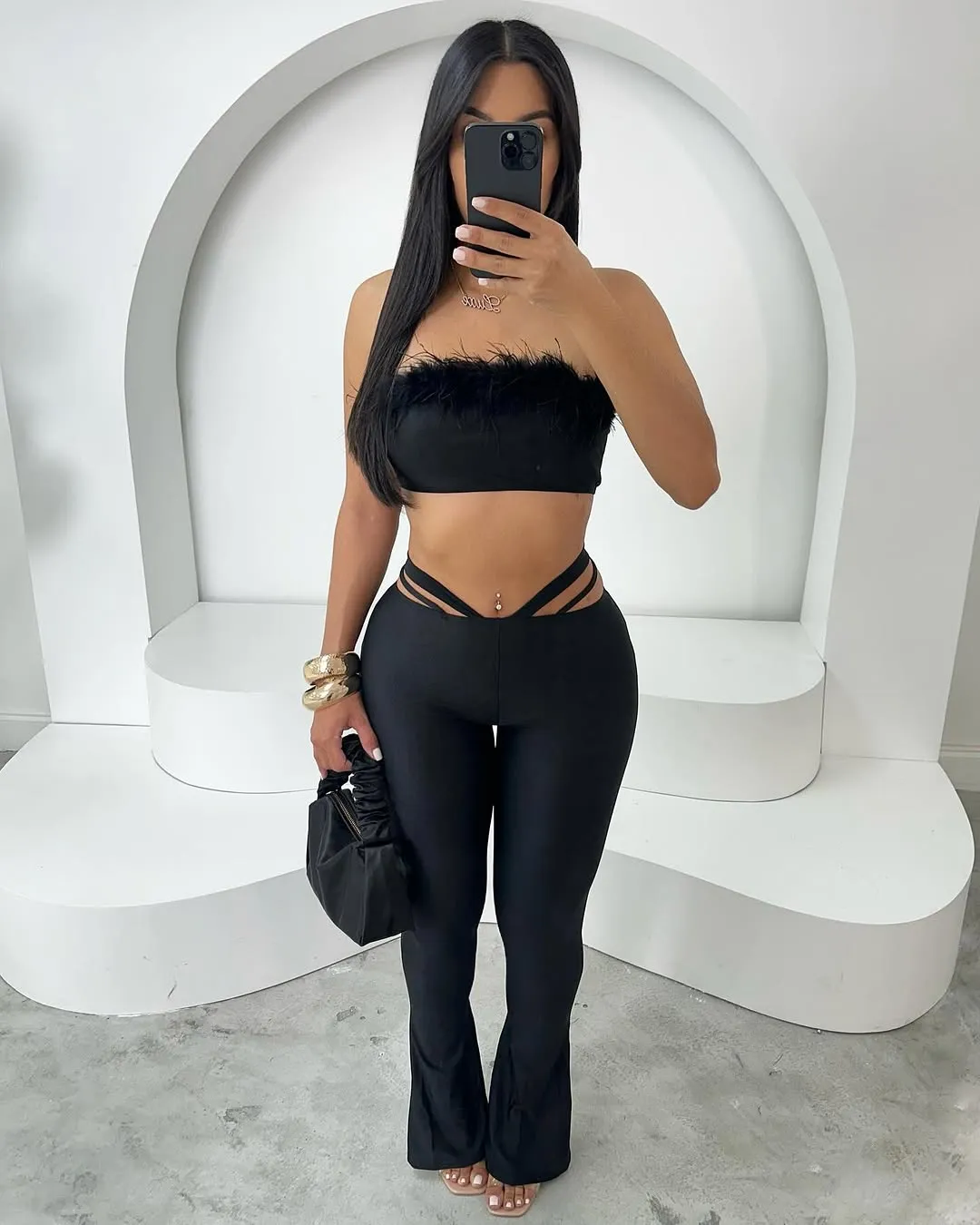 Cien Feather Trim Crop Top & Flared Pants Set