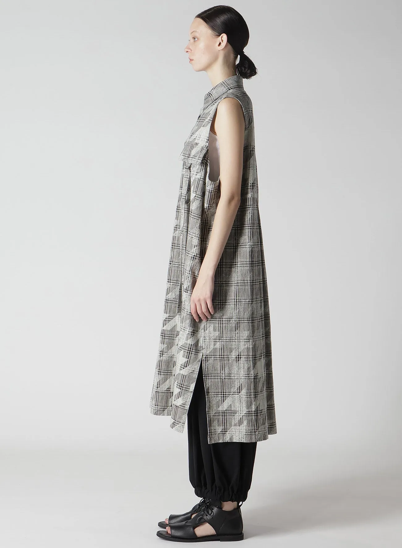 COTTON/LINEN PLAID×BIG HOUNDSTOOTH SLEEVELESS SHIRT DRESS