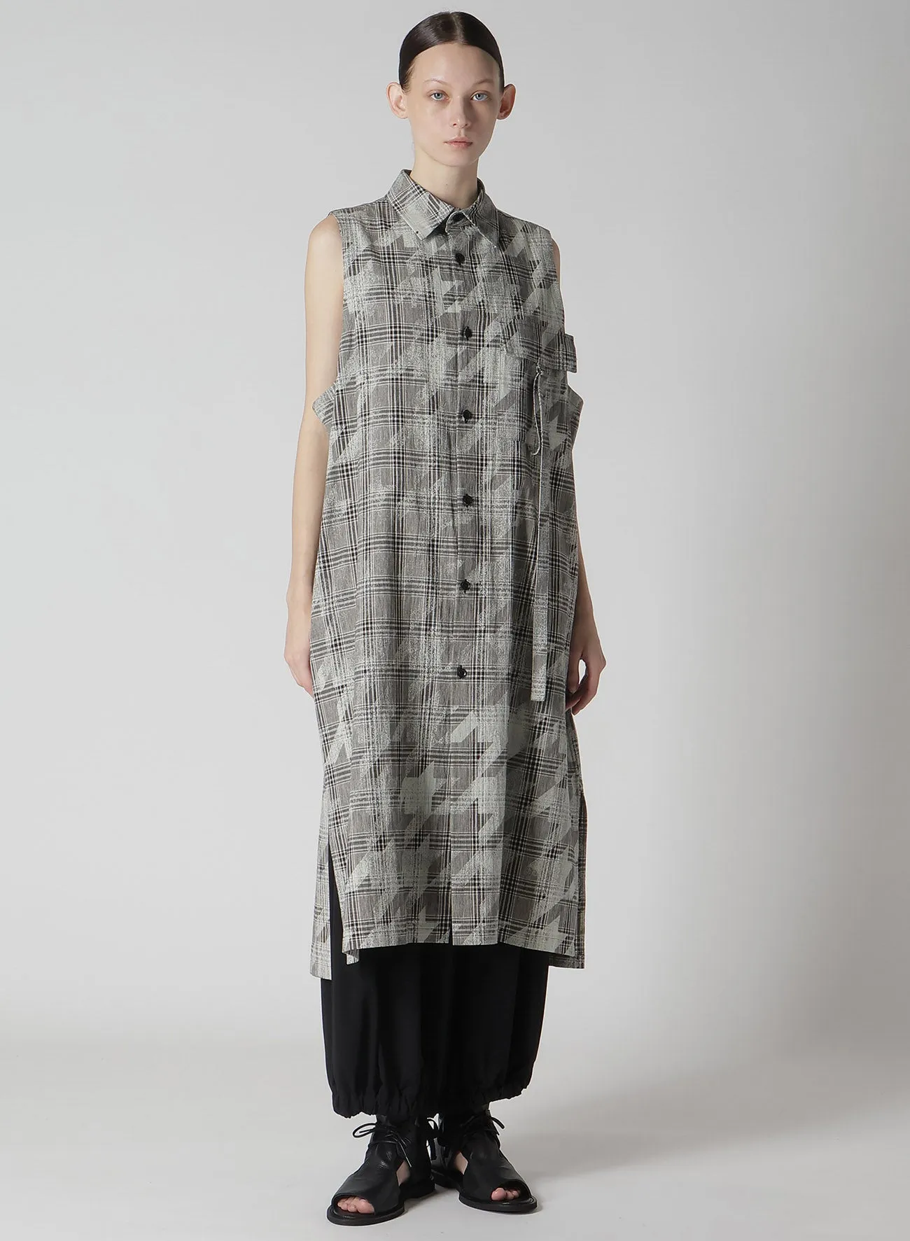 COTTON/LINEN PLAID×BIG HOUNDSTOOTH SLEEVELESS SHIRT DRESS