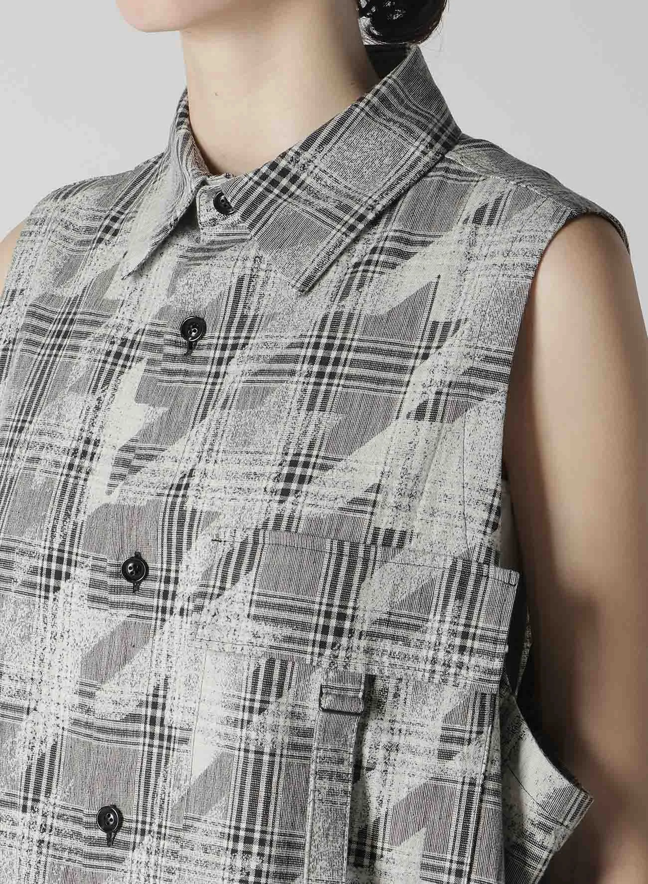 COTTON/LINEN PLAID×BIG HOUNDSTOOTH SLEEVELESS SHIRT DRESS