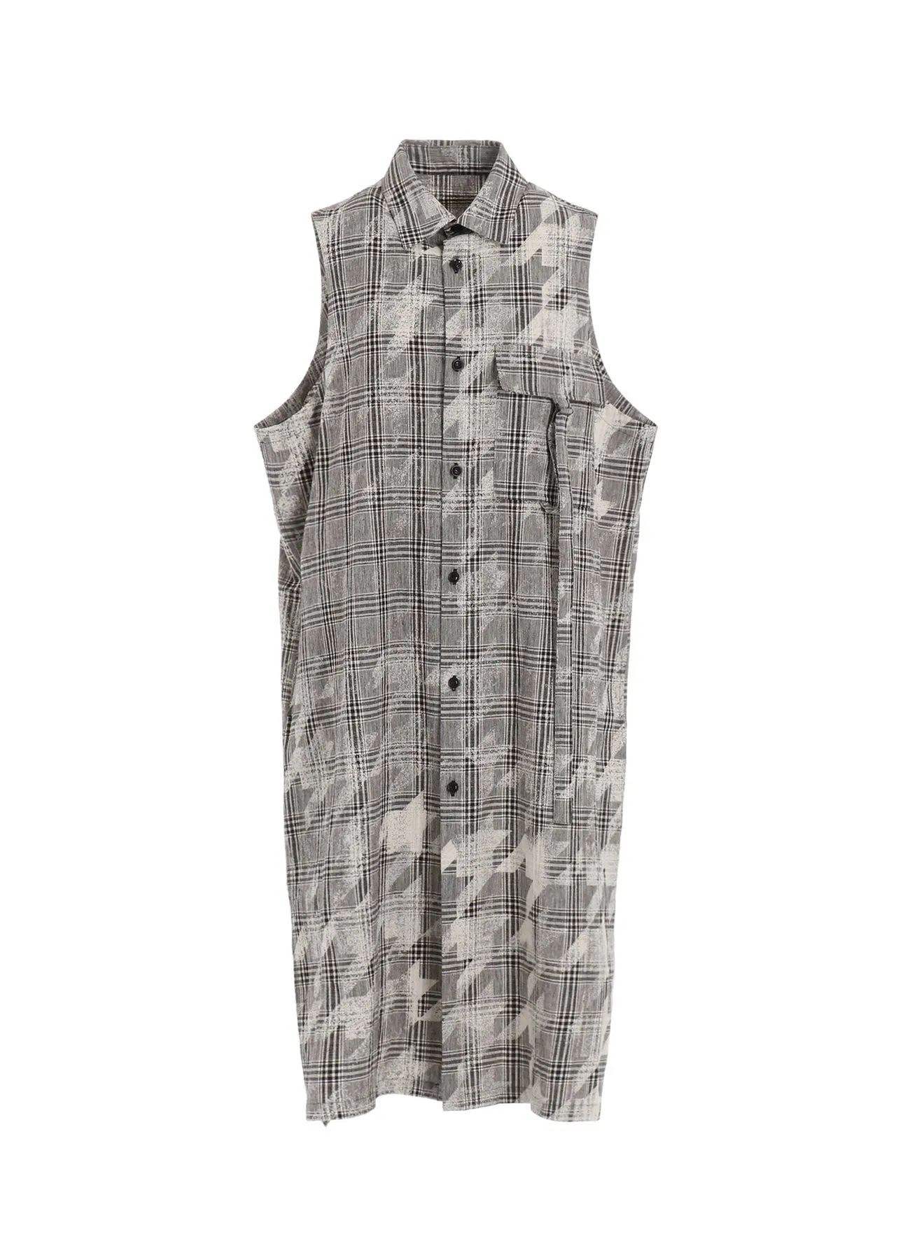 COTTON/LINEN PLAID×BIG HOUNDSTOOTH SLEEVELESS SHIRT DRESS