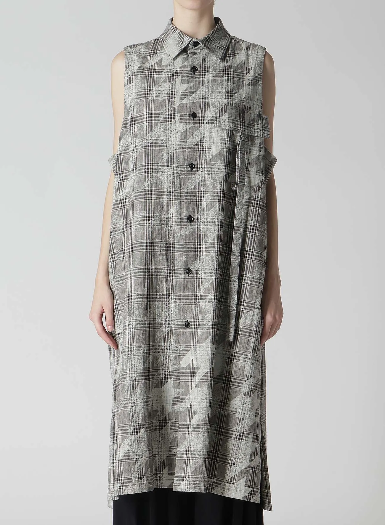 COTTON/LINEN PLAID×BIG HOUNDSTOOTH SLEEVELESS SHIRT DRESS