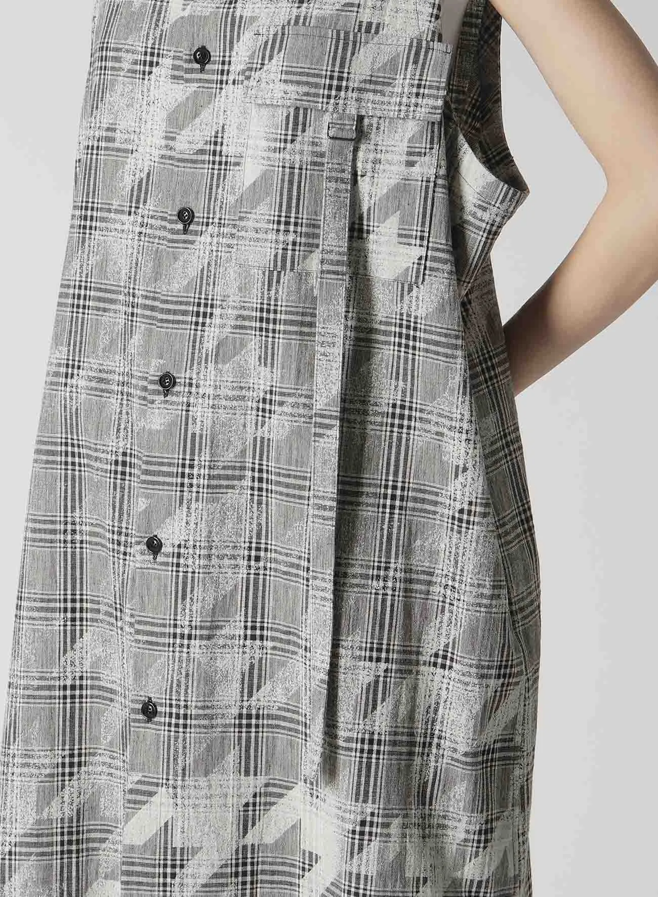 COTTON/LINEN PLAID×BIG HOUNDSTOOTH SLEEVELESS SHIRT DRESS