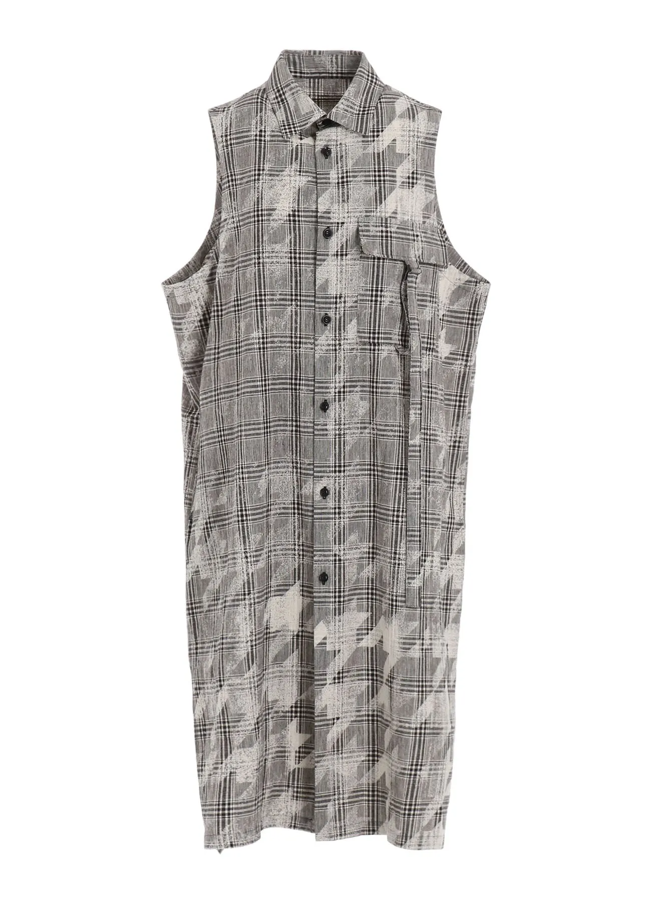 COTTON/LINEN PLAID×BIG HOUNDSTOOTH SLEEVELESS SHIRT DRESS
