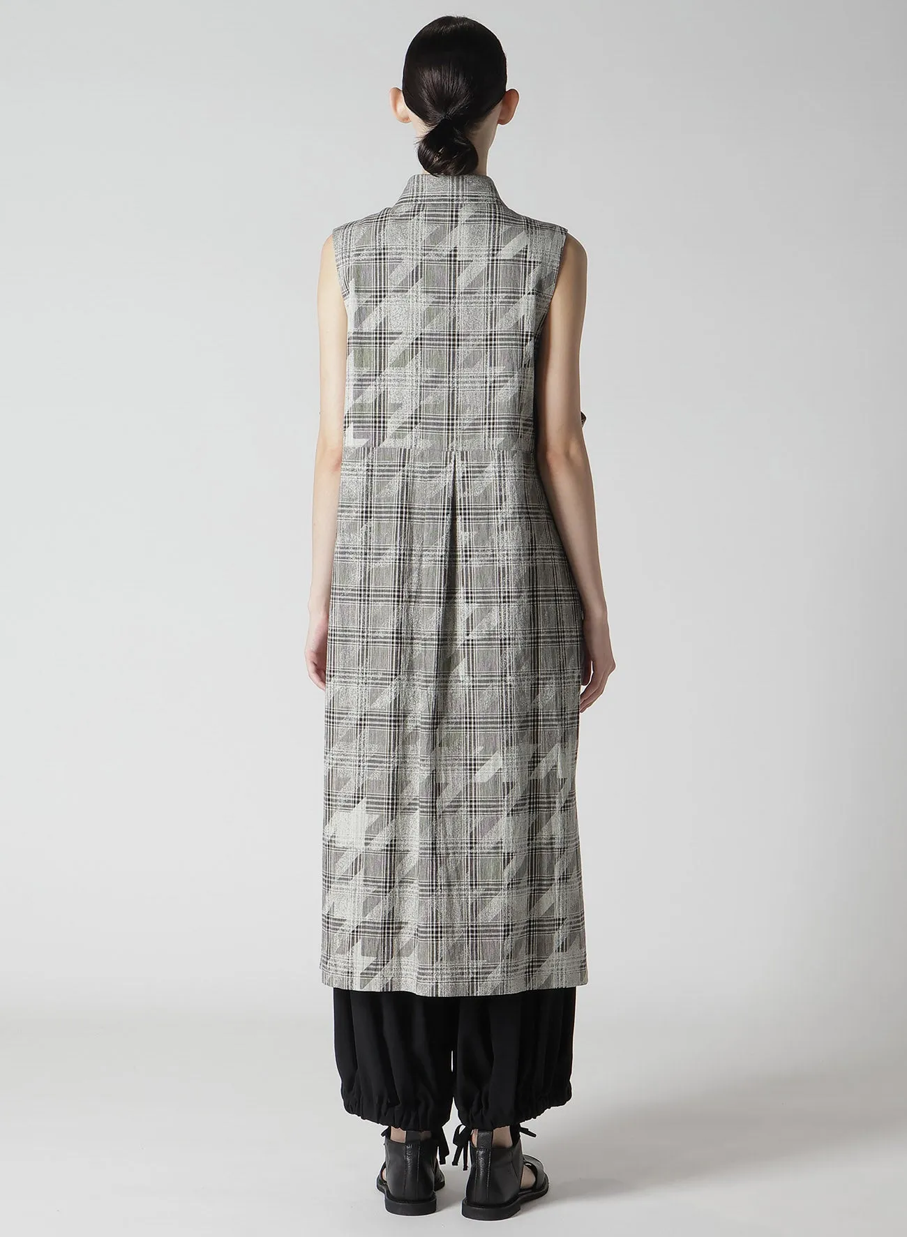 COTTON/LINEN PLAID×BIG HOUNDSTOOTH SLEEVELESS SHIRT DRESS