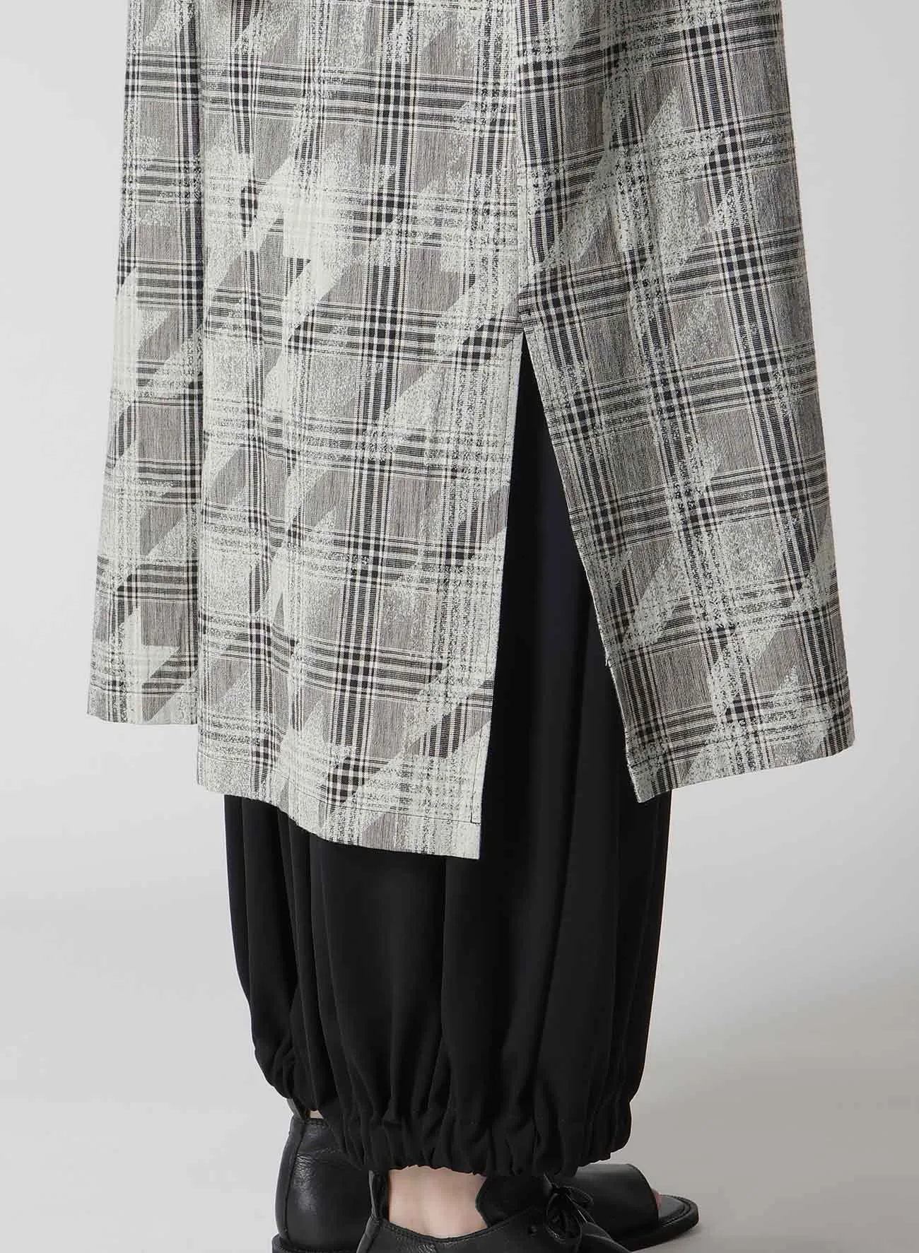 COTTON/LINEN PLAID×BIG HOUNDSTOOTH SLEEVELESS SHIRT DRESS