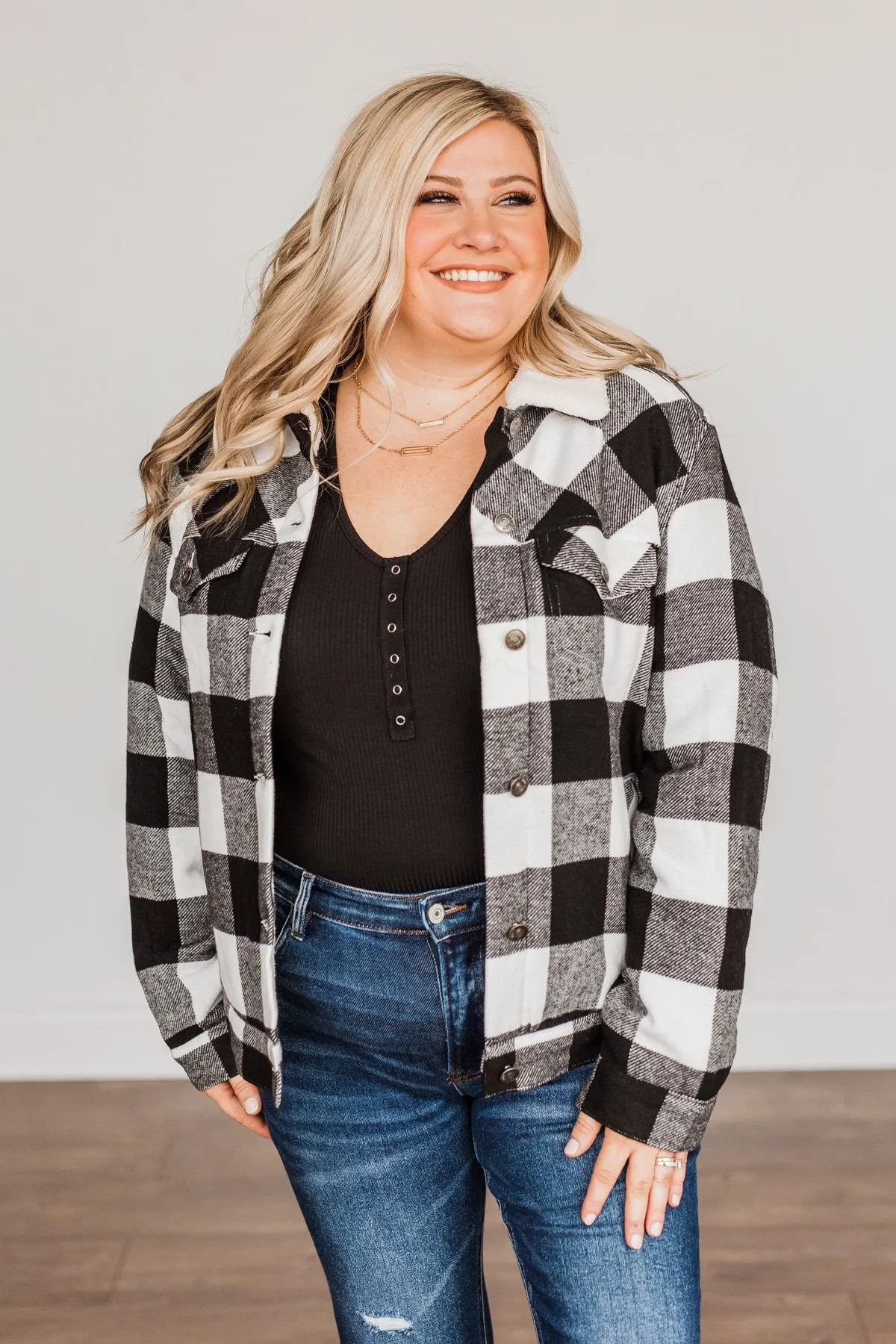 Cute & Cuddly Plaid Button Jacket- Black & White