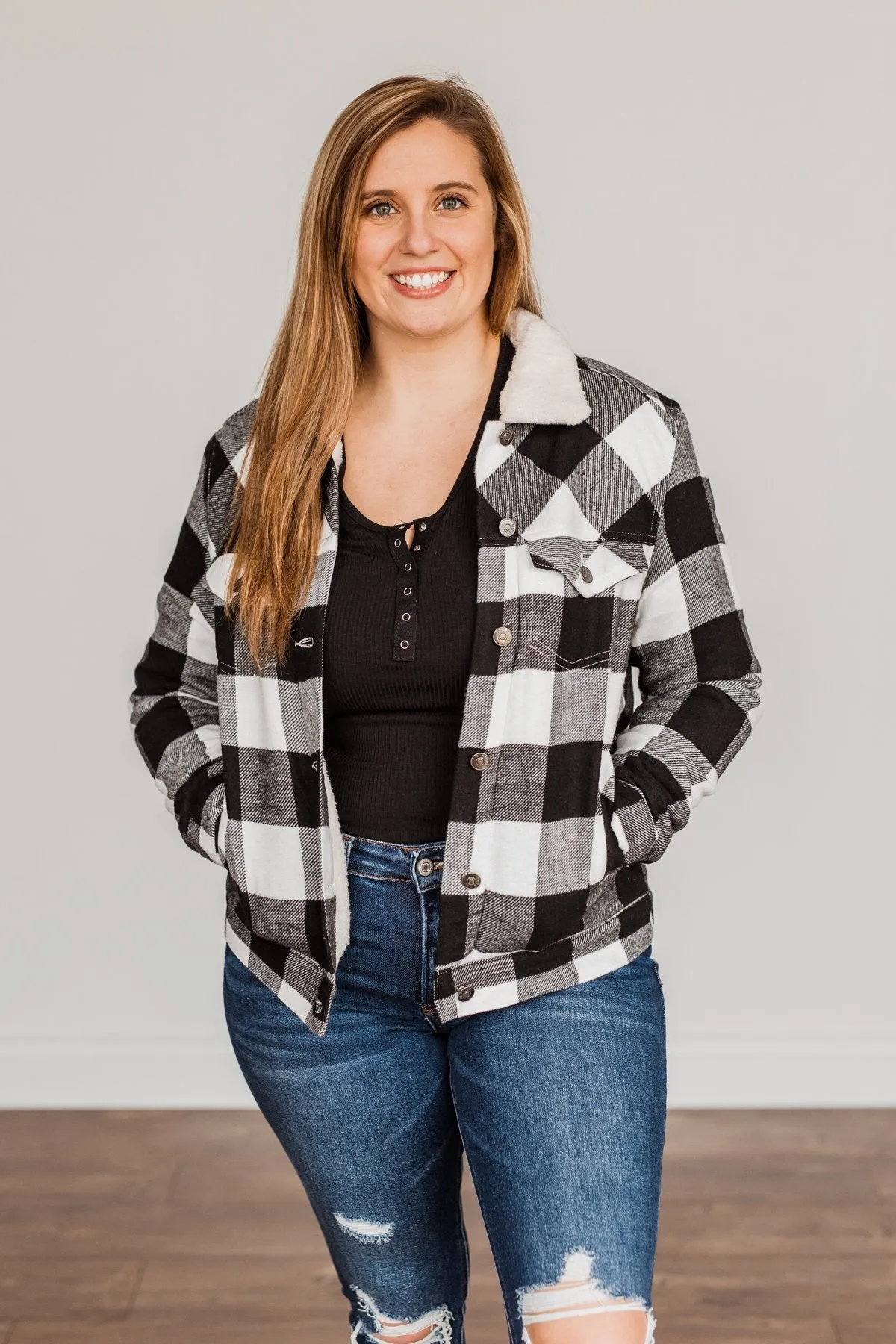 Cute & Cuddly Plaid Button Jacket- Black & White