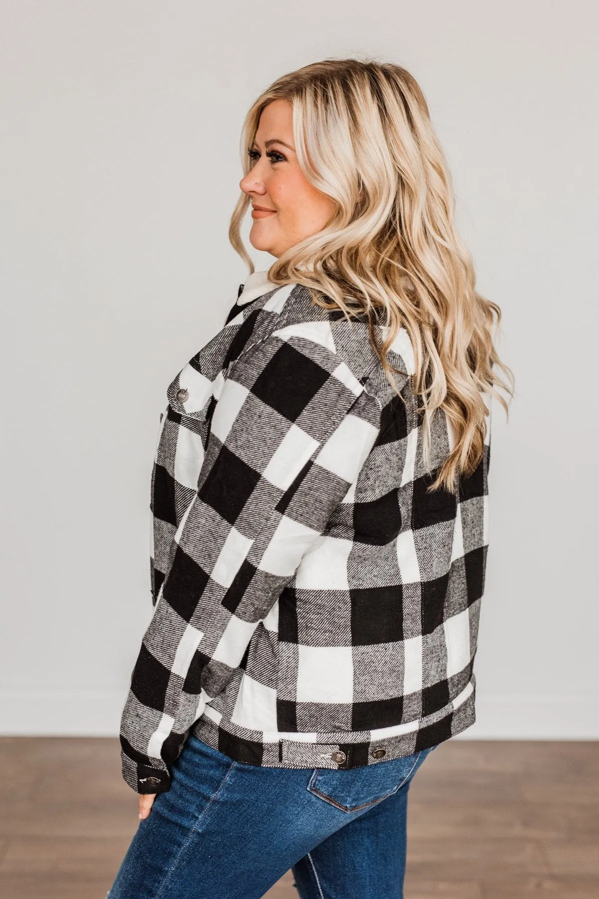 Cute & Cuddly Plaid Button Jacket- Black & White