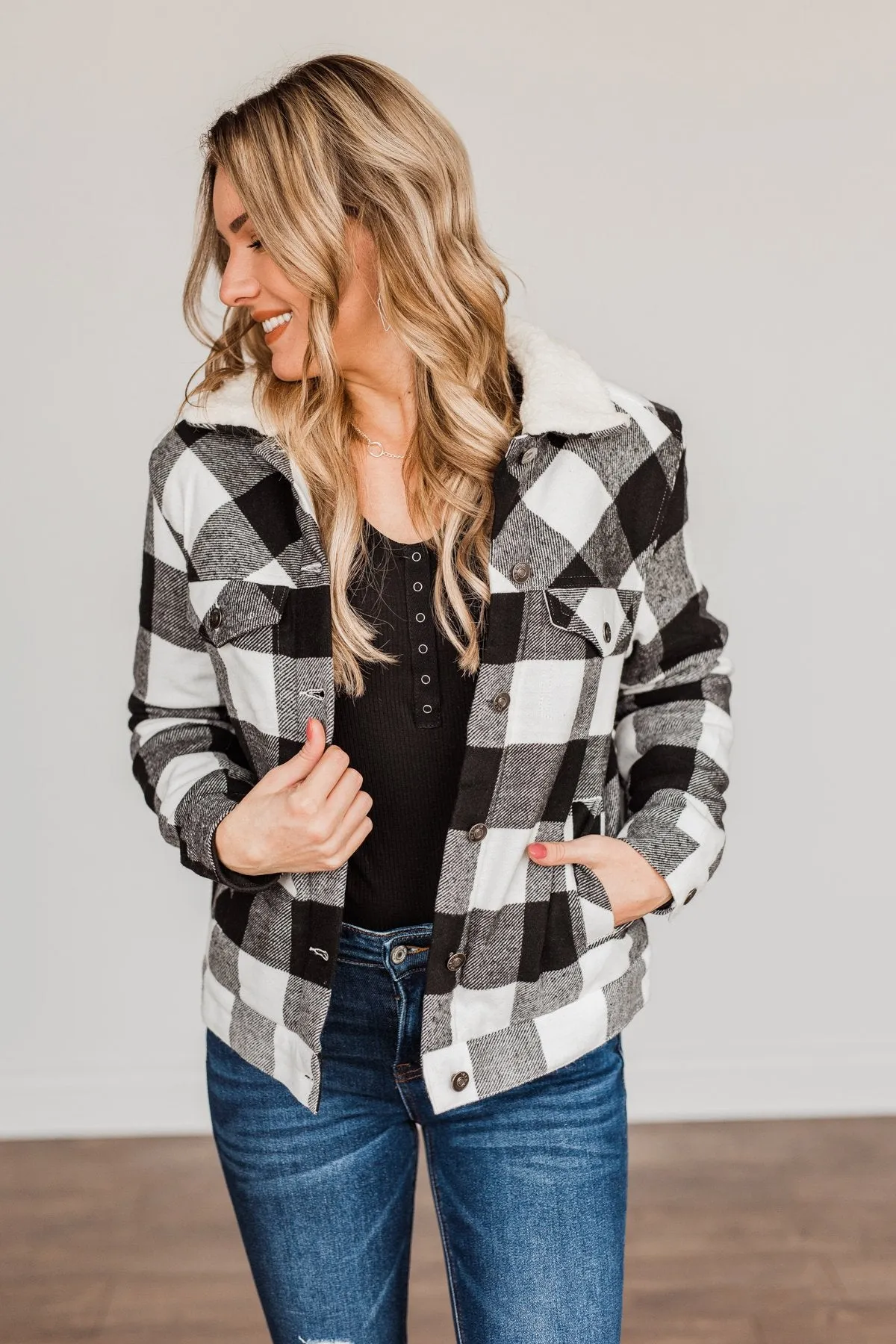 Cute & Cuddly Plaid Button Jacket- Black & White