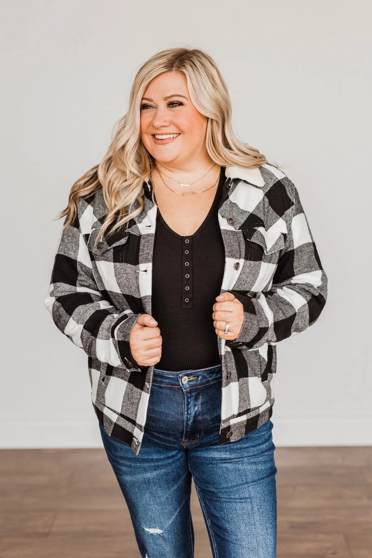 Cute & Cuddly Plaid Button Jacket- Black & White
